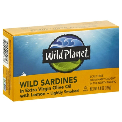 Wild Planet Wild Sardines In Extra Virgin Olive Oil Lemon Lightly Smoked 12/4.4 OZ [UNFI #0214593] [ebt]