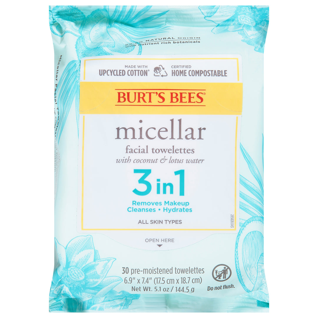 Burts Bees Facial Towelettes With Coconut & Lotus Water Micellar 3 In 1 3/30 CT [UNFI #2421824] T