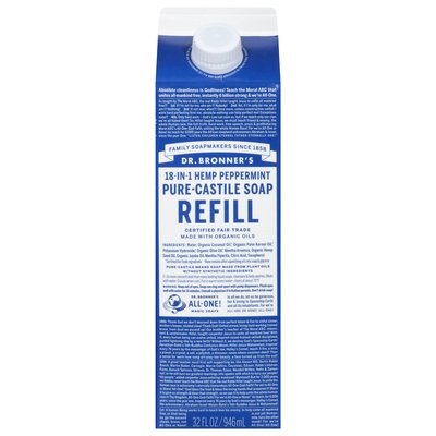 Dr Bronners Soap Pure-Castile 18-in-1 Hemp Peppermint Refill 32 OZ [UNFI #3004413] T