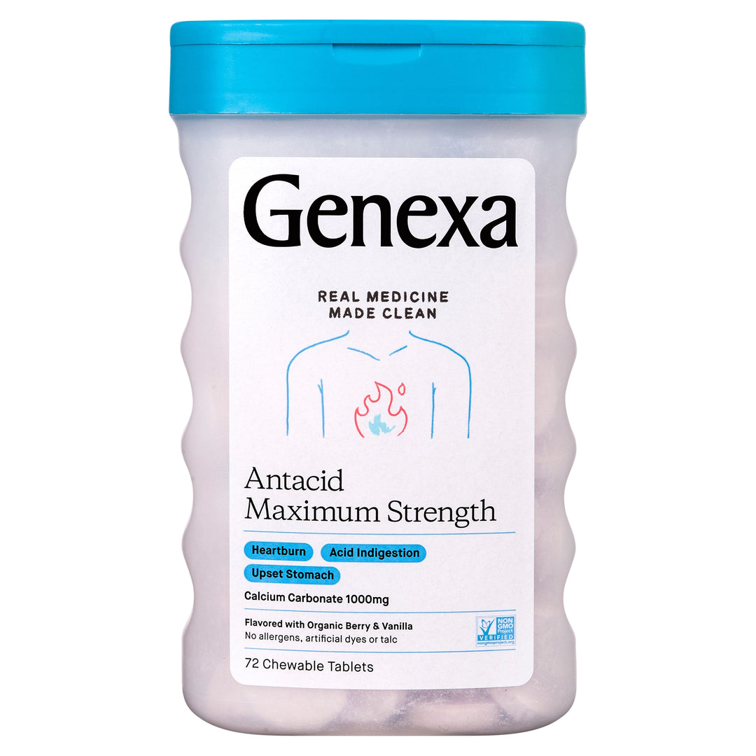 Genexa Antacid Maximum Strength 1000 Mg Berry & Vanilla Chewable Tablets 72 Tab [UNFI #2515682]